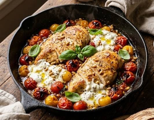 Chicken with Braised Tomatoes and Burrata Recipe