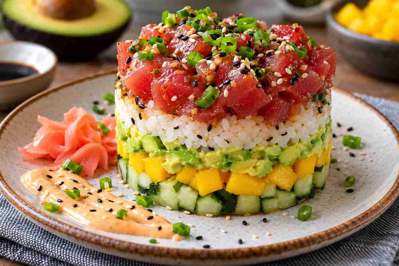 Ahi Tuna Sushi Tower with Avocado Recipe Ahi Tuna Sushi Tower with Avocado Recipe